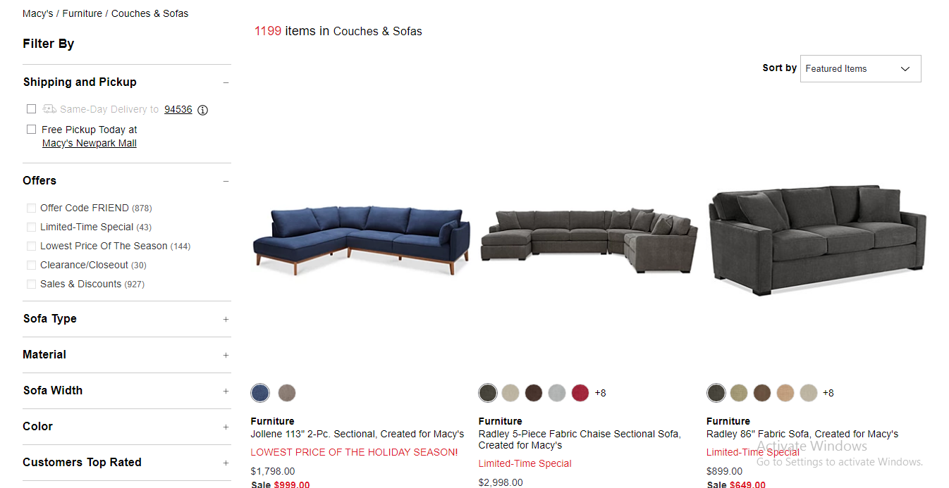 product filtering at macys